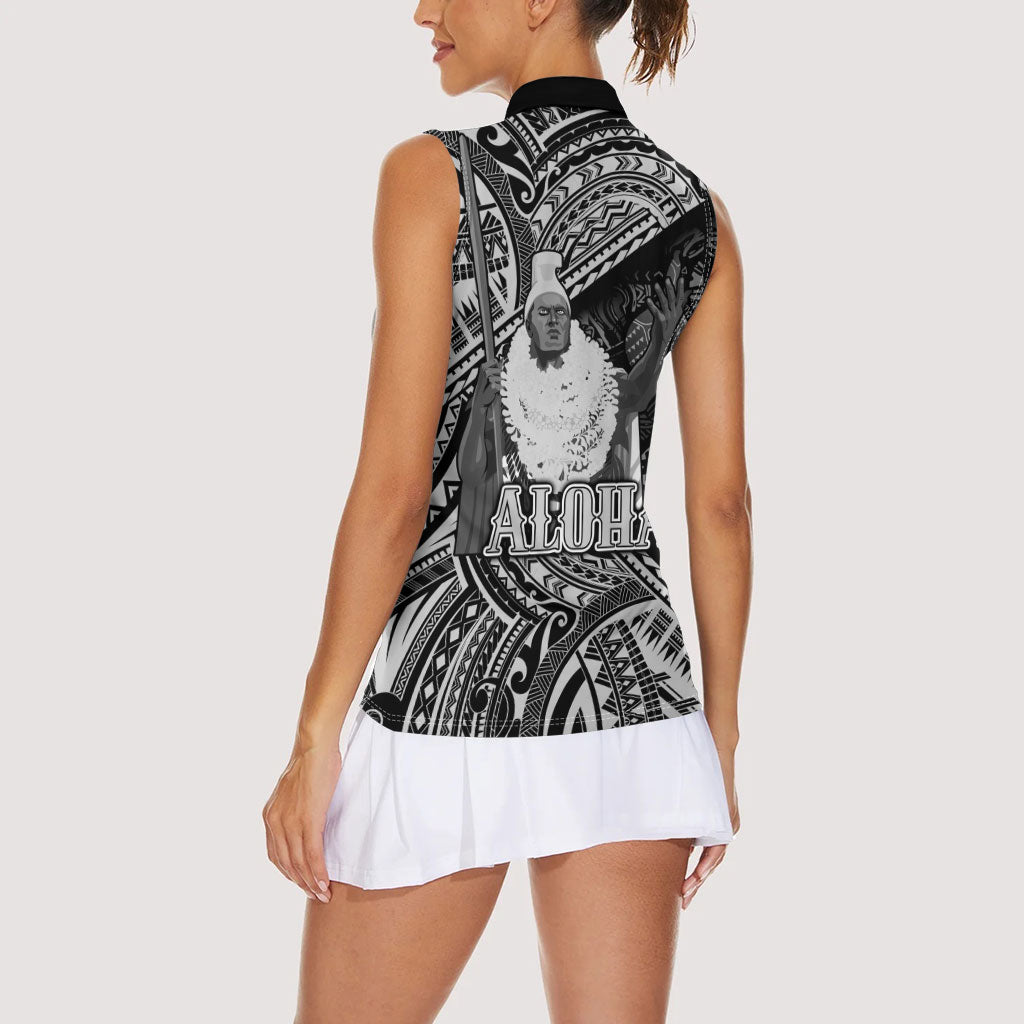 Hawaii King Kamehameha Women Sleeveless Polo Shirt With Hawaiian Ipu Motifs Black Version LT05 - Polynesian Pride