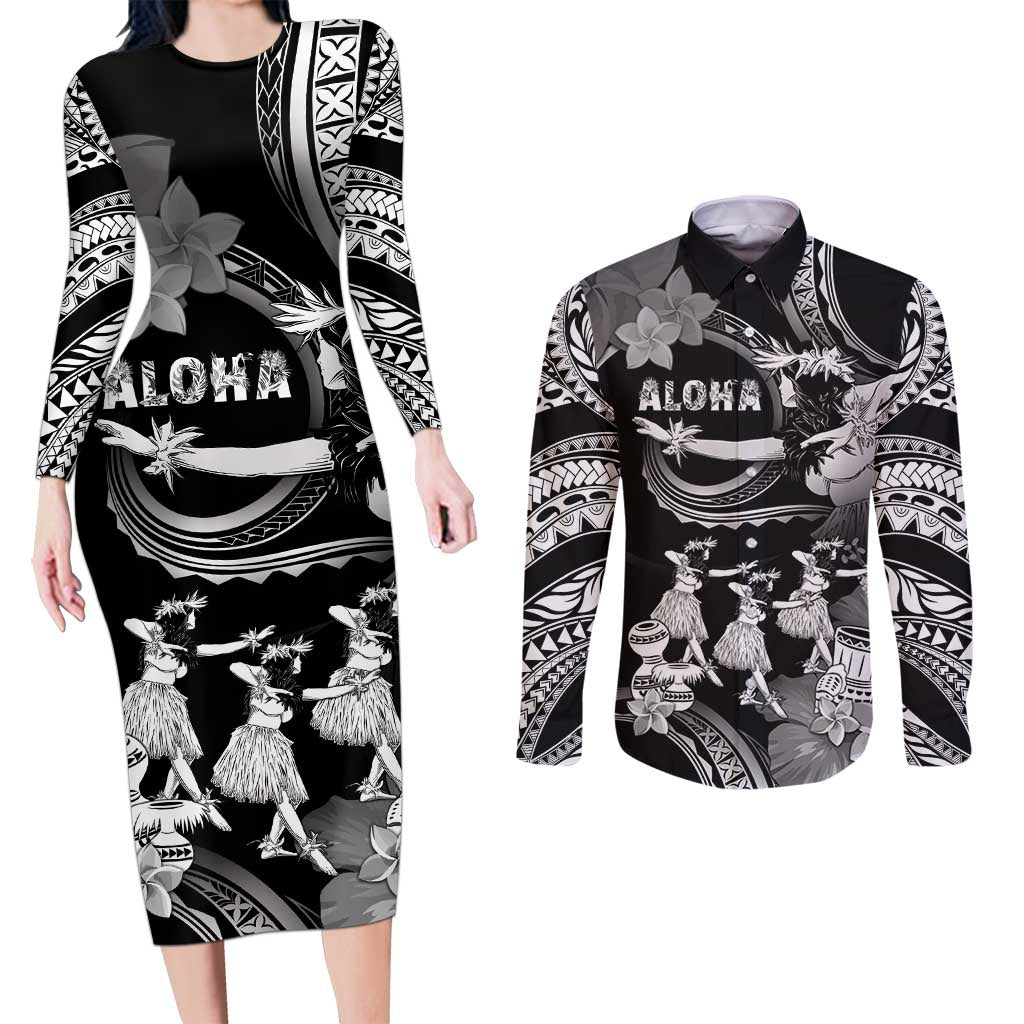 Hawaii Beautiful Hula Dancers Couples Matching Long Sleeve Bodycon Dress and Long Sleeve Button Shirt With Ipu Keke And Pahu Drum