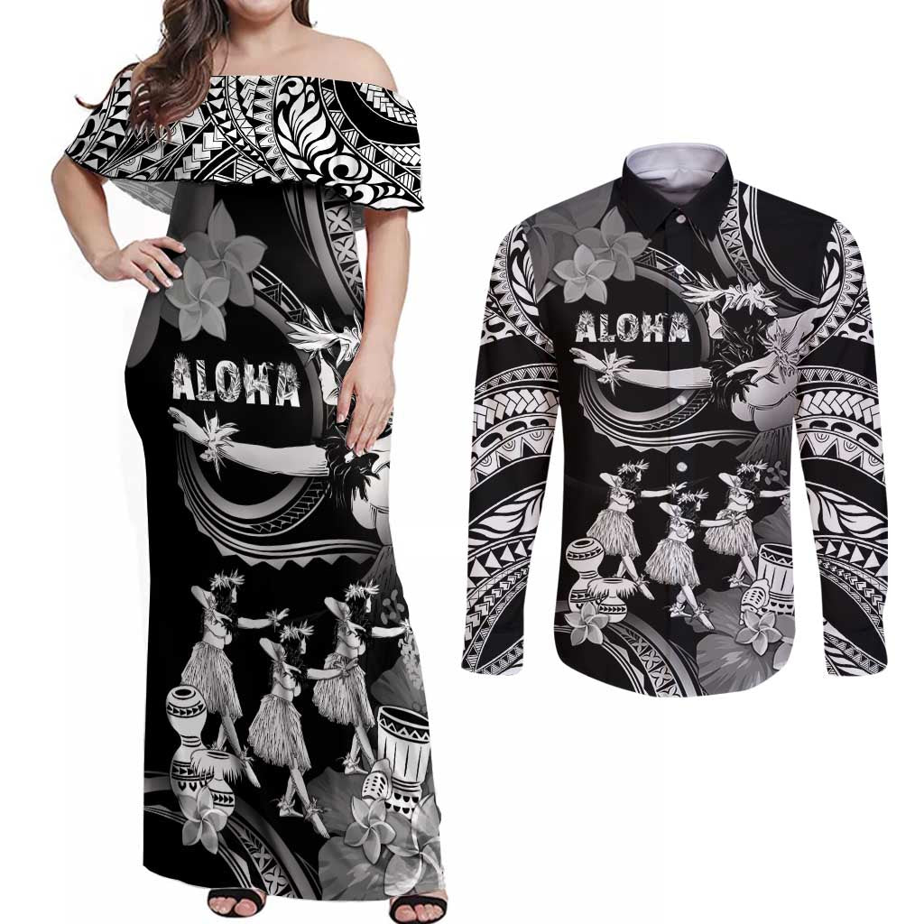 Hawaii Beautiful Hula Dancers Couples Matching Off Shoulder Maxi Dress and Long Sleeve Button Shirt With Ipu Keke And Pahu Drum