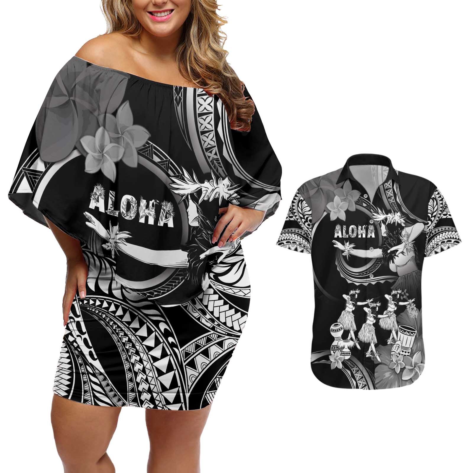 Hawaii Beautiful Hula Dancers Couples Matching Off Shoulder Short Dress and Hawaiian Shirt With Ipu Keke And Pahu Drum