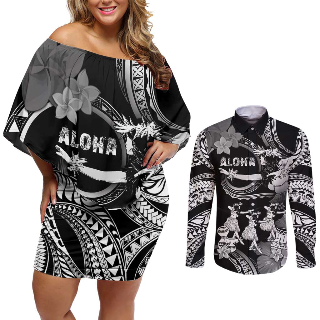 Hawaii Beautiful Hula Dancers Couples Matching Off Shoulder Short Dress and Long Sleeve Button Shirt With Ipu Keke And Pahu Drum