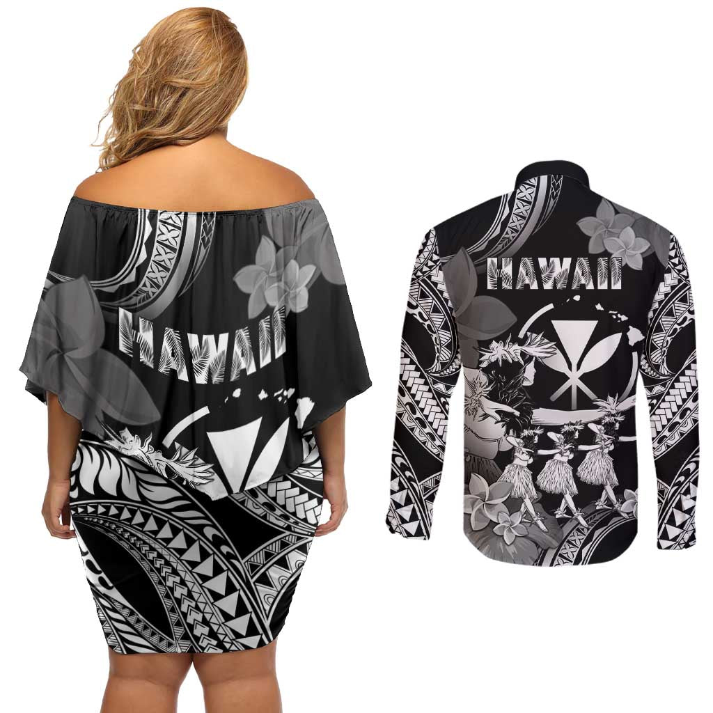 Hawaii Beautiful Hula Dancers Couples Matching Off Shoulder Short Dress and Long Sleeve Button Shirt With Ipu Keke And Pahu Drum