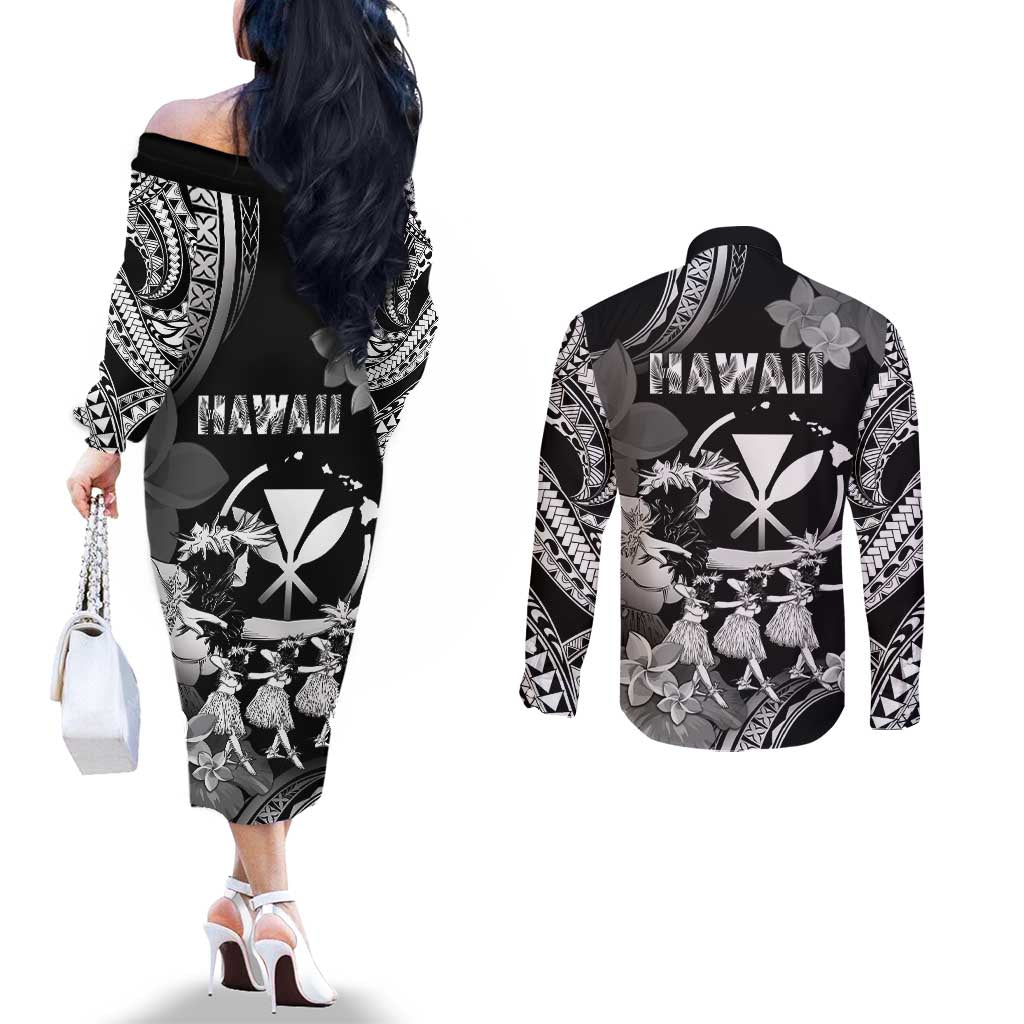 Hawaii Beautiful Hula Dancers Couples Matching Off The Shoulder Long Sleeve Dress and Long Sleeve Button Shirt With Ipu Keke And Pahu Drum