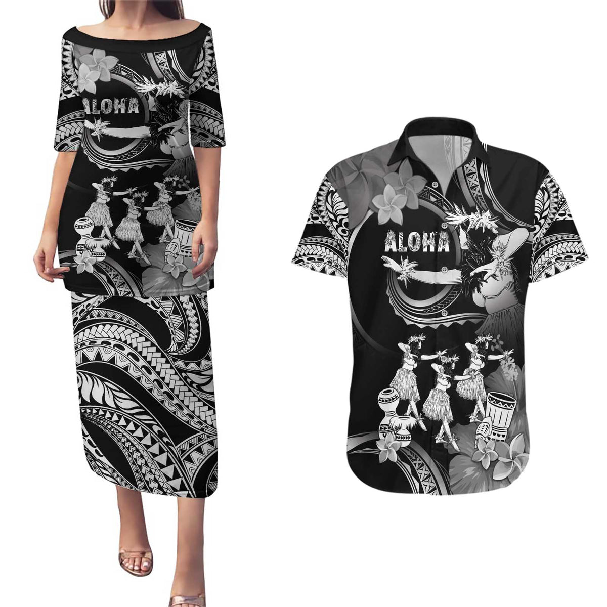 Hawaii Beautiful Hula Dancers Couples Matching Puletasi and Hawaiian Shirt With Ipu Keke And Pahu Drum