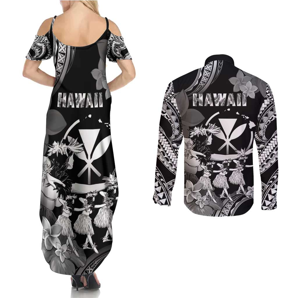 Hawaii Beautiful Hula Dancers Couples Matching Summer Maxi Dress and Long Sleeve Button Shirt With Ipu Keke And Pahu Drum