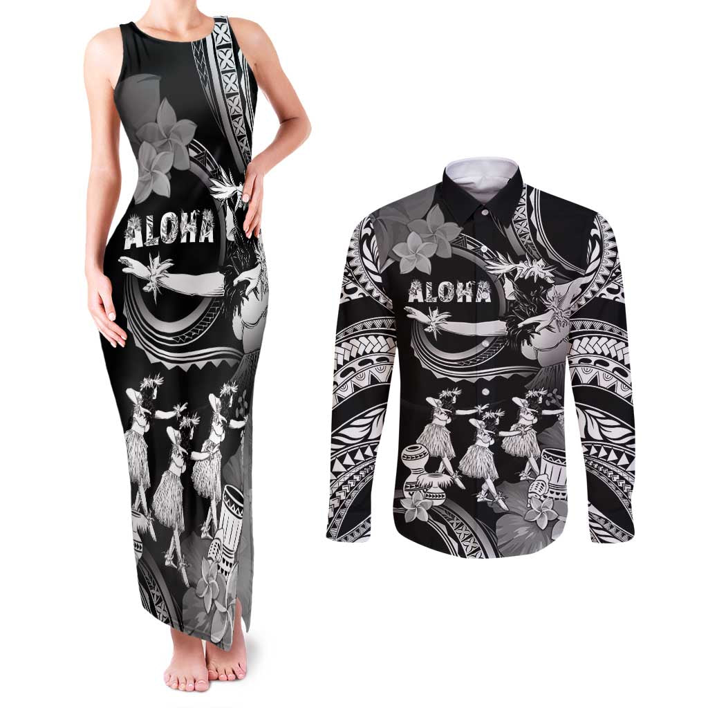 Hawaii Beautiful Hula Dancers Couples Matching Tank Maxi Dress and Long Sleeve Button Shirt With Ipu Keke And Pahu Drum