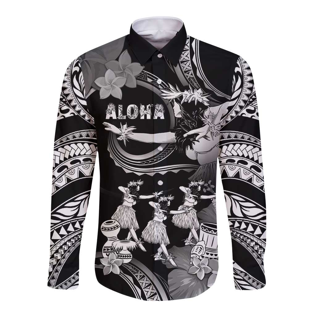 Hawaii Beautiful Hula Dancers Long Sleeve Button Shirt With Ipu Keke And Pahu Drum