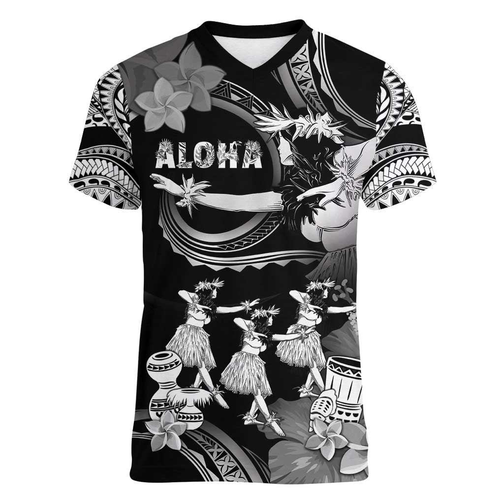 Hawaii Beautiful Hula Dancers Women V-Neck T-Shirt With Ipu Keke And Pahu Drum LT05 Female Black - Polynesian Pride
