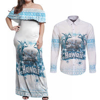 Hawaii Sugar Plantation Couples Matching Off Shoulder Maxi Dress and Long Sleeve Button Shirt With Hawaiian Tapa Pattern