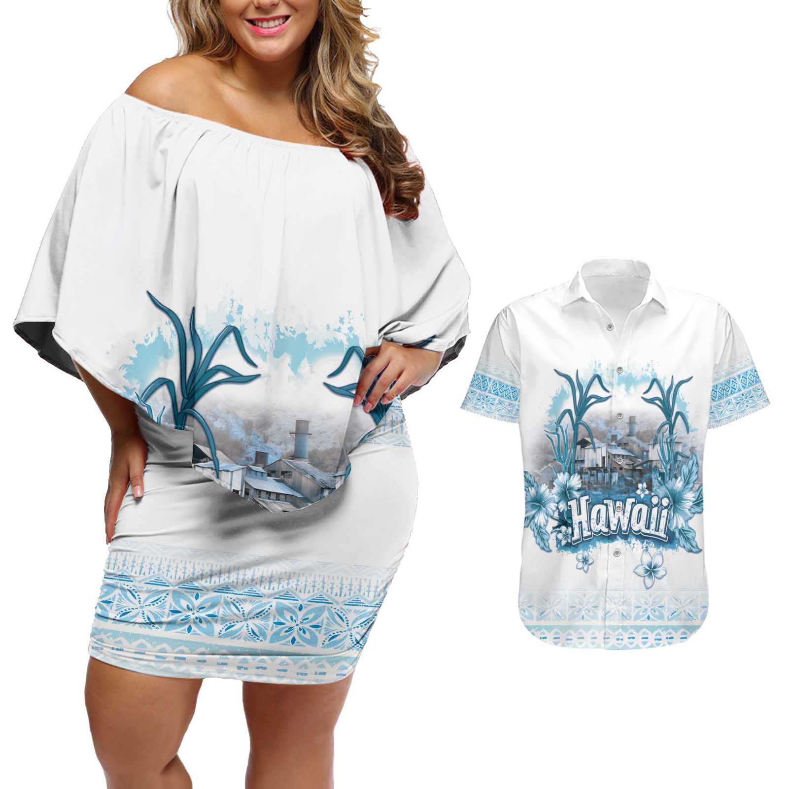 Hawaii Sugar Plantation Couples Matching Off Shoulder Short Dress and Hawaiian Shirt With Hawaiian Tapa Pattern