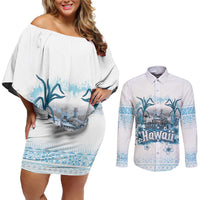 Hawaii Sugar Plantation Couples Matching Off Shoulder Short Dress and Long Sleeve Button Shirt With Hawaiian Tapa Pattern