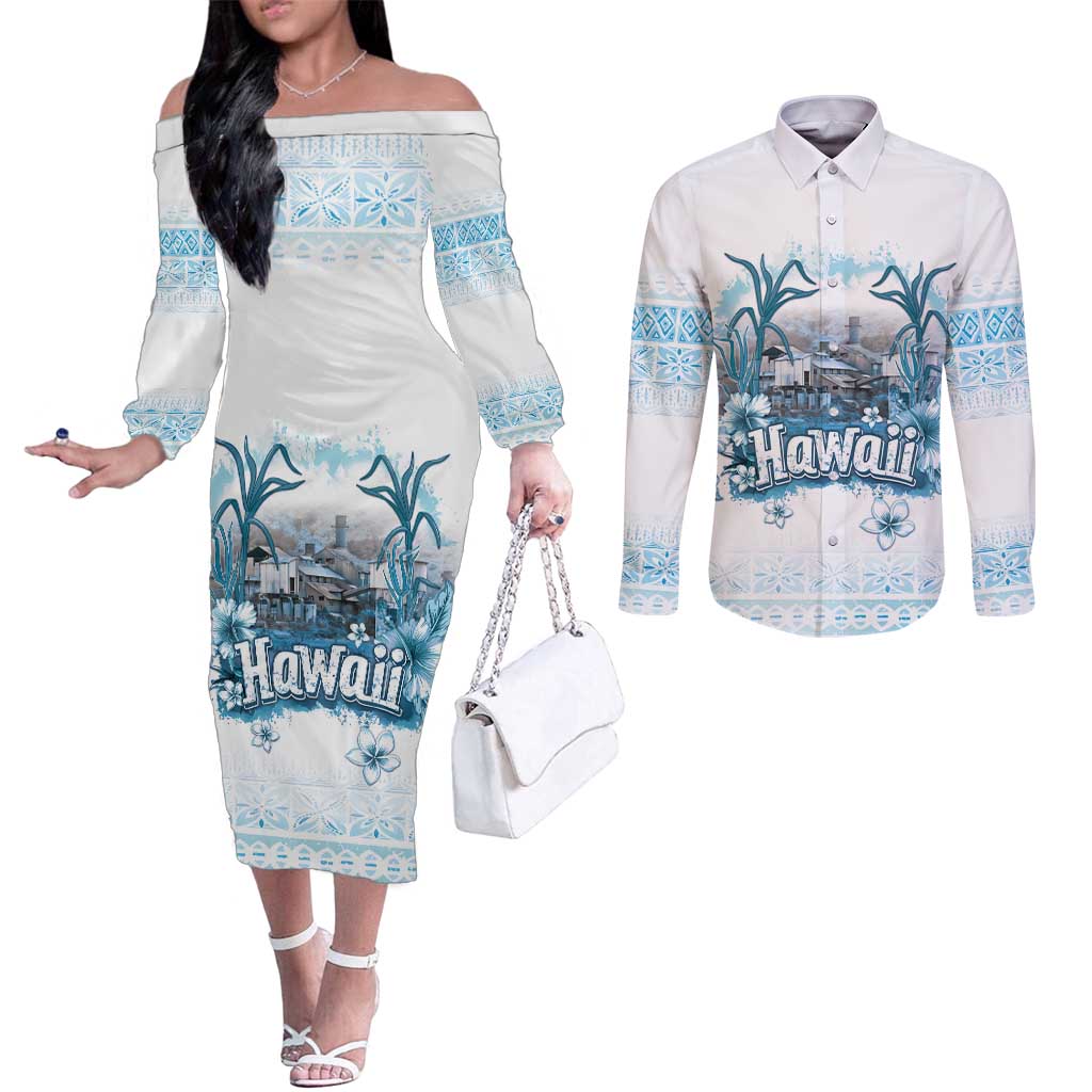 Hawaii Sugar Plantation Couples Matching Off The Shoulder Long Sleeve Dress and Long Sleeve Button Shirt With Hawaiian Tapa Pattern