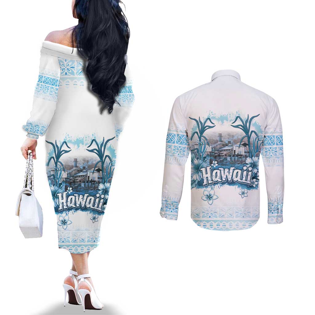 Hawaii Sugar Plantation Couples Matching Off The Shoulder Long Sleeve Dress and Long Sleeve Button Shirt With Hawaiian Tapa Pattern