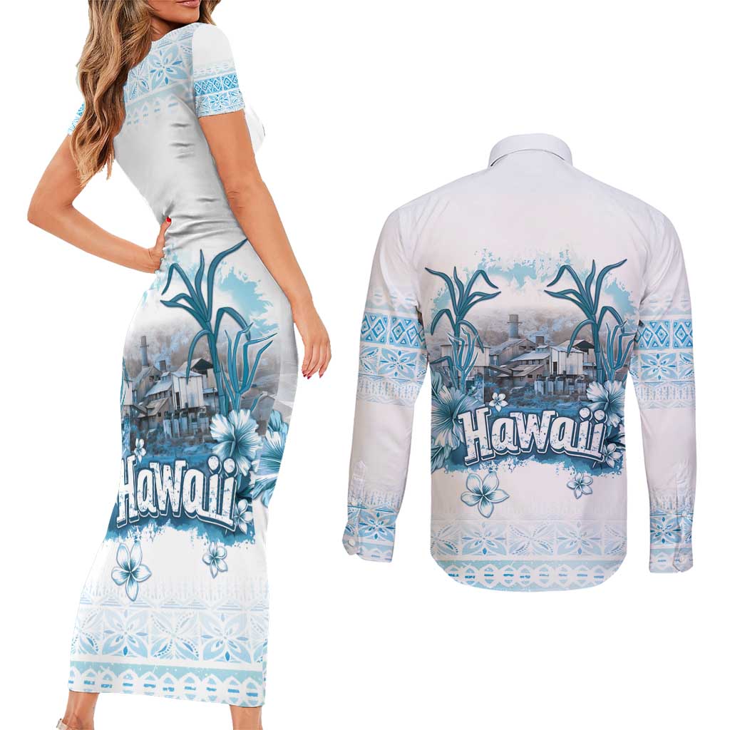 Hawaii Sugar Plantation Couples Matching Short Sleeve Bodycon Dress and Long Sleeve Button Shirt With Hawaiian Tapa Pattern
