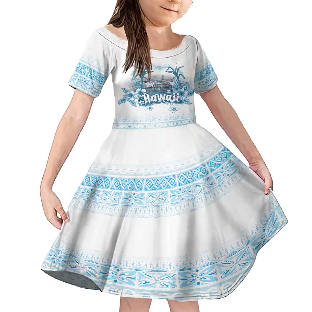 Hawaii Sugar Plantation Family Matching Off The Shoulder Long Sleeve Dress and Hawaiian Shirt With Hawaiian Tapa Pattern