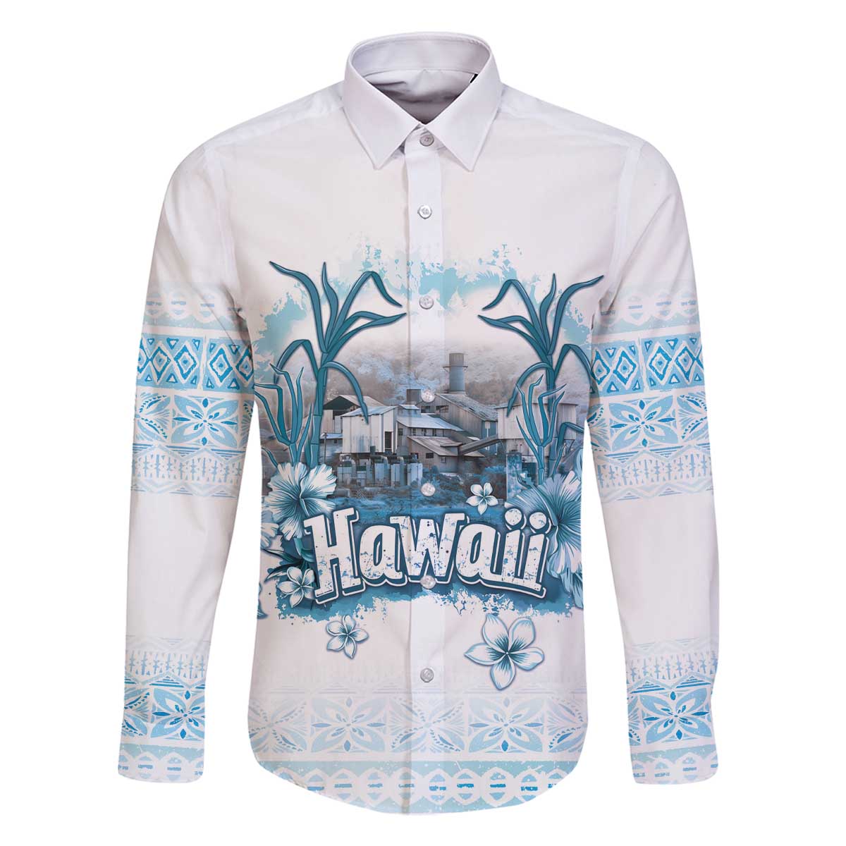 Hawaii Sugar Plantation Family Matching Off Shoulder Short Dress and Hawaiian Shirt With Hawaiian Tapa Pattern LT05 Dad's Shirt - Long Sleeve White - Polynesian Pride
