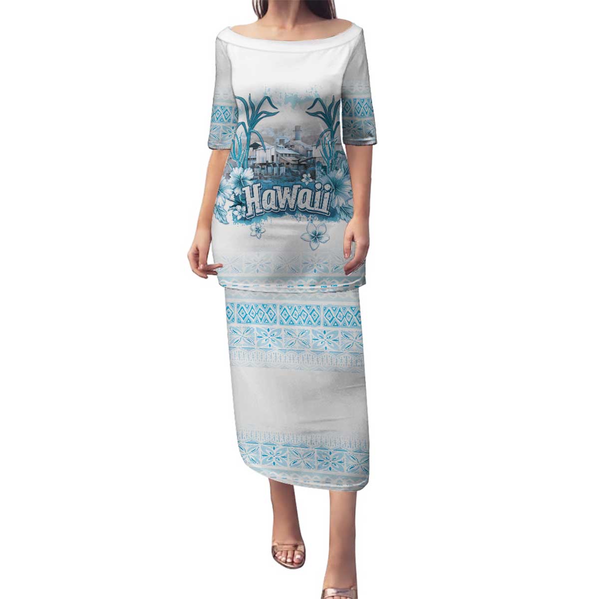 Hawaii Sugar Plantation Family Matching Puletasi and Hawaiian Shirt With Hawaiian Tapa Pattern LT05 Mom's Dress White - Polynesian Pride