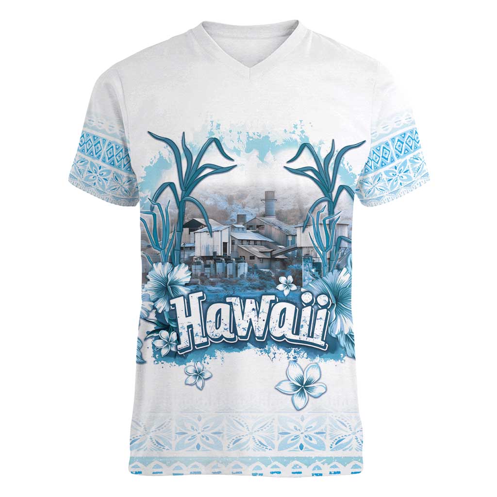 Hawaii Sugar Plantation Women V-Neck T-Shirt With Hawaiian Tapa Pattern LT05 Female White - Polynesian Pride