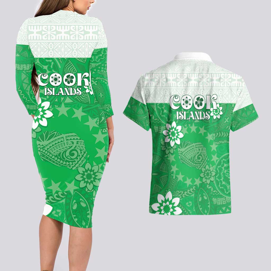 Cook Islands Maori Language Week Couples Matching Long Sleeve Bodycon Dress and Hawaiian Shirt Pacific Tapa Pattern