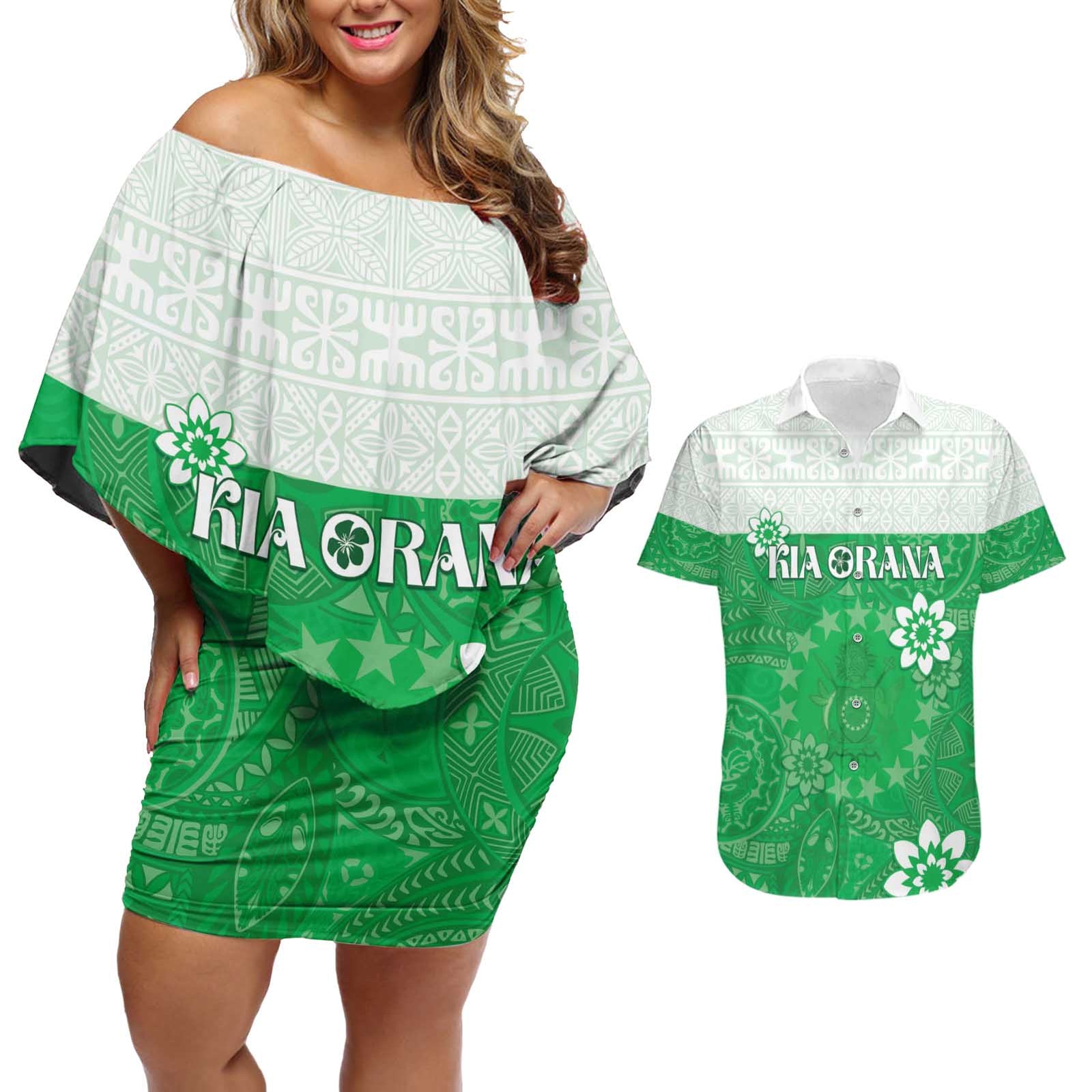 Cook Islands Maori Language Week Couples Matching Off Shoulder Short Dress and Hawaiian Shirt Pacific Tapa Pattern