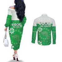 Cook Islands Maori Language Week Couples Matching Off The Shoulder Long Sleeve Dress and Long Sleeve Button Shirt Pacific Tapa Pattern