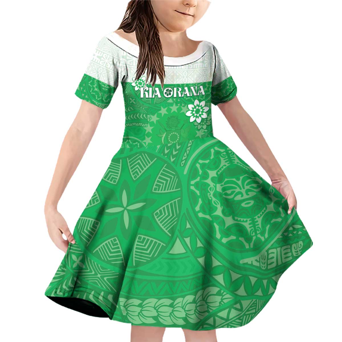 Cook Islands Maori Language Week Family Matching Off Shoulder Short Dress and Hawaiian Shirt Pacific Tapa Pattern LT05 Daughter's Dress Green - Polynesian Pride