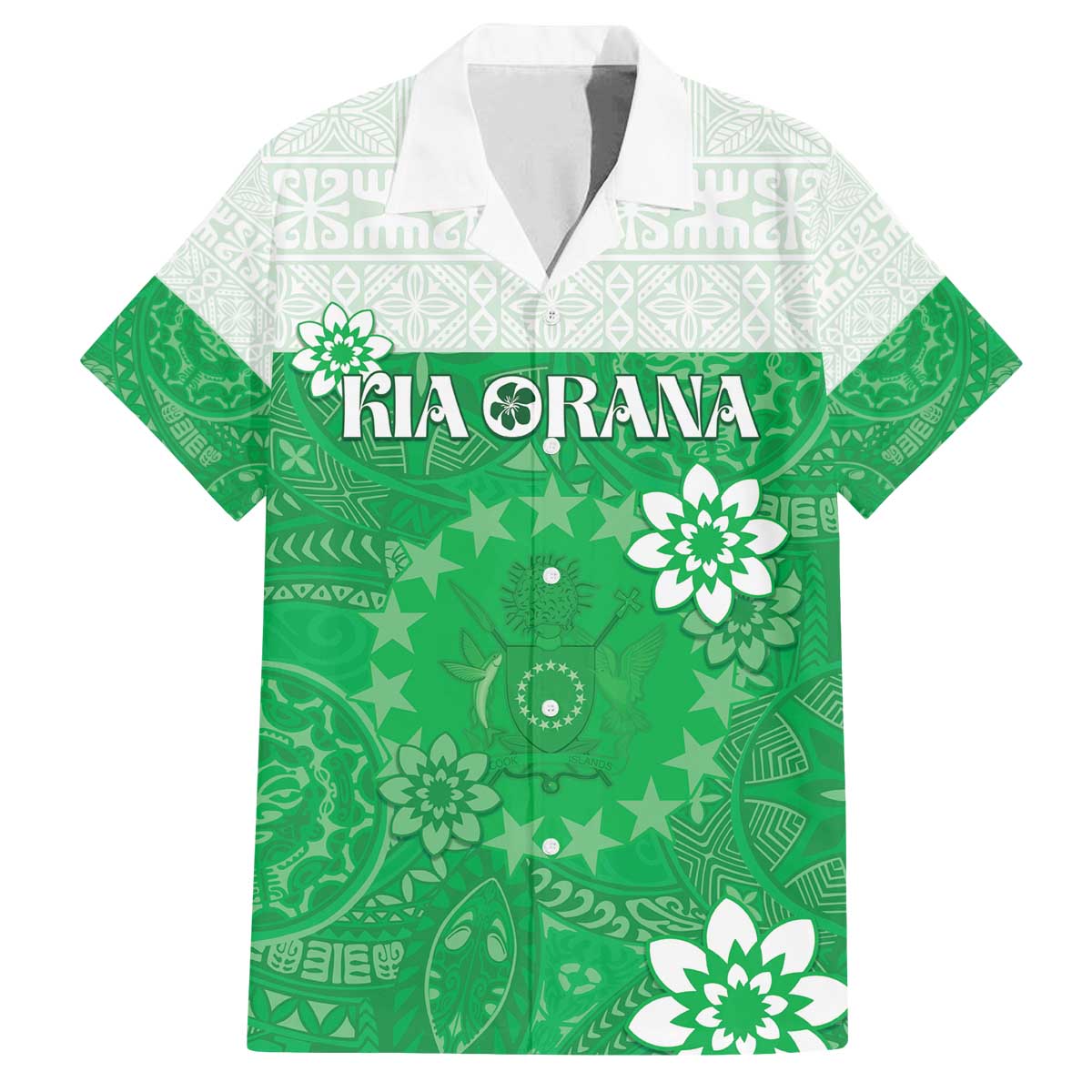 Cook Islands Maori Language Week Family Matching Off Shoulder Short Dress and Hawaiian Shirt Pacific Tapa Pattern LT05 Dad's Shirt - Short Sleeve Green - Polynesian Pride