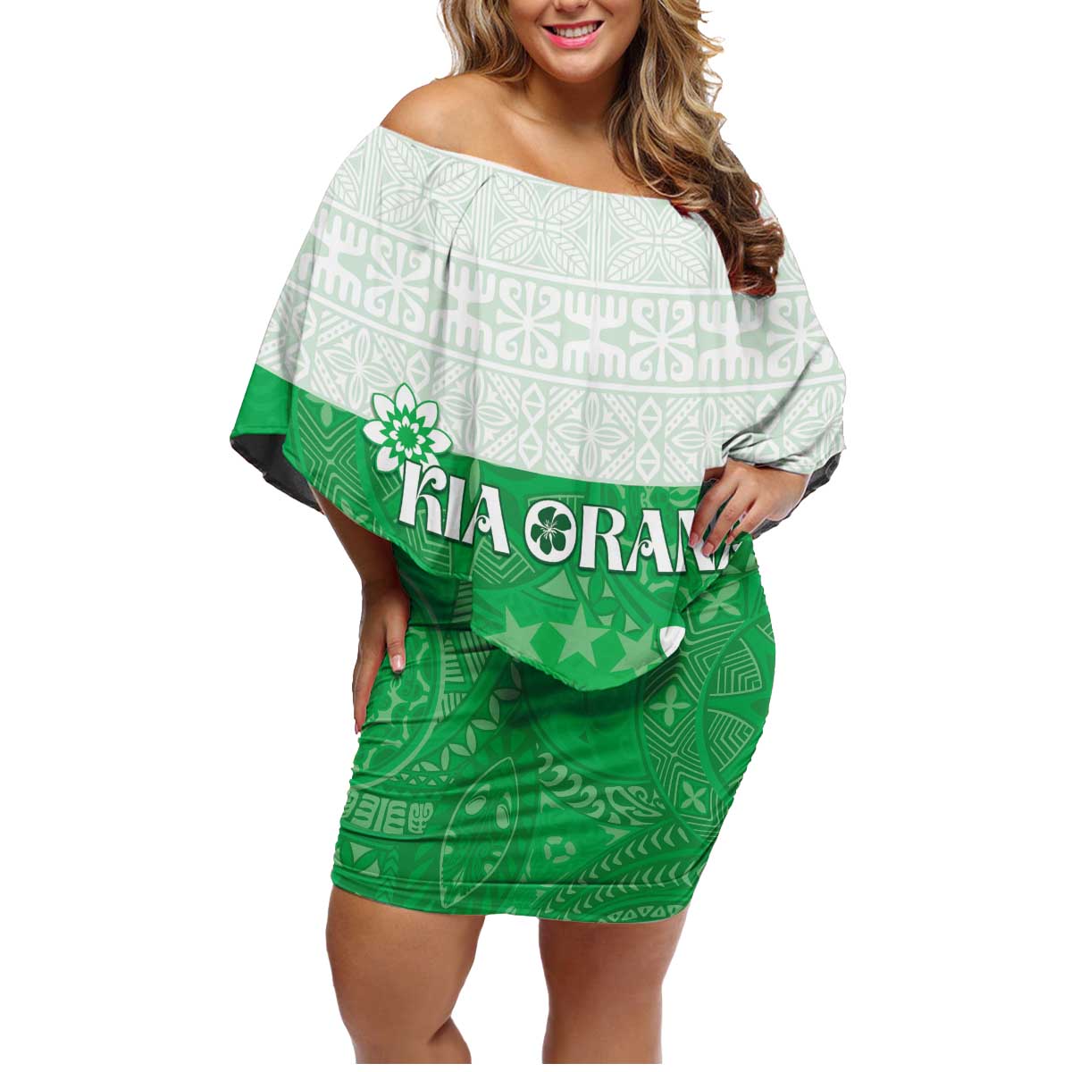 Cook Islands Maori Language Week Family Matching Off Shoulder Short Dress and Hawaiian Shirt Pacific Tapa Pattern LT05 Mom's Dress Green - Polynesian Pride