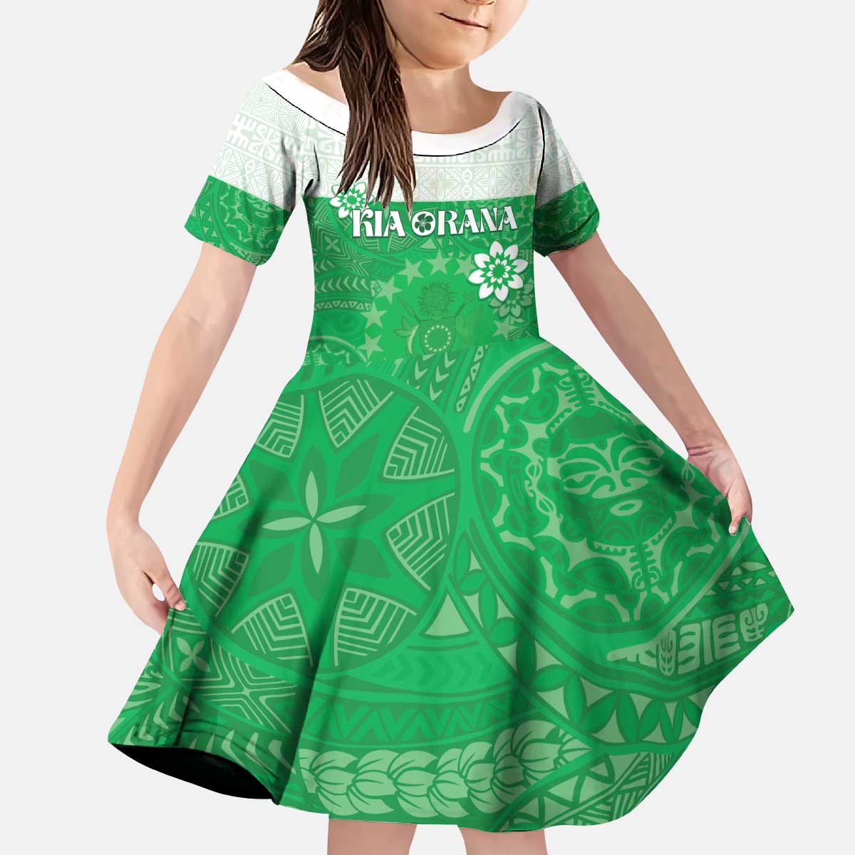 Cook Islands Maori Language Week Kid Short Sleeve Dress Pacific Tapa Pattern LT05 KID Green - Polynesian Pride