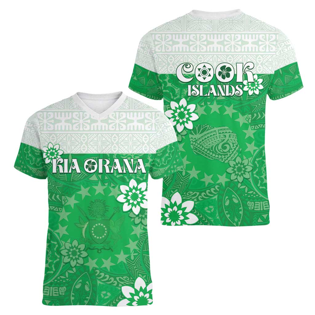 Cook Islands Maori Language Week Women V-Neck T-Shirt Pacific Tapa Pattern LT05 - Polynesian Pride