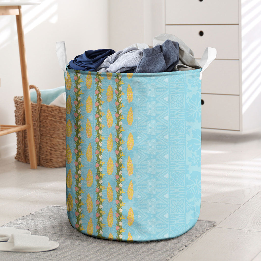 Hawaii Shell Tiare Anthurium Heliconia Lei Laundry Basket With Tapa Pattern Baby Blue