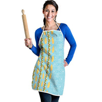 Hawaii Shell Tiare Anthurium Heliconia Lei Apron With Tapa Pattern Baby Blue