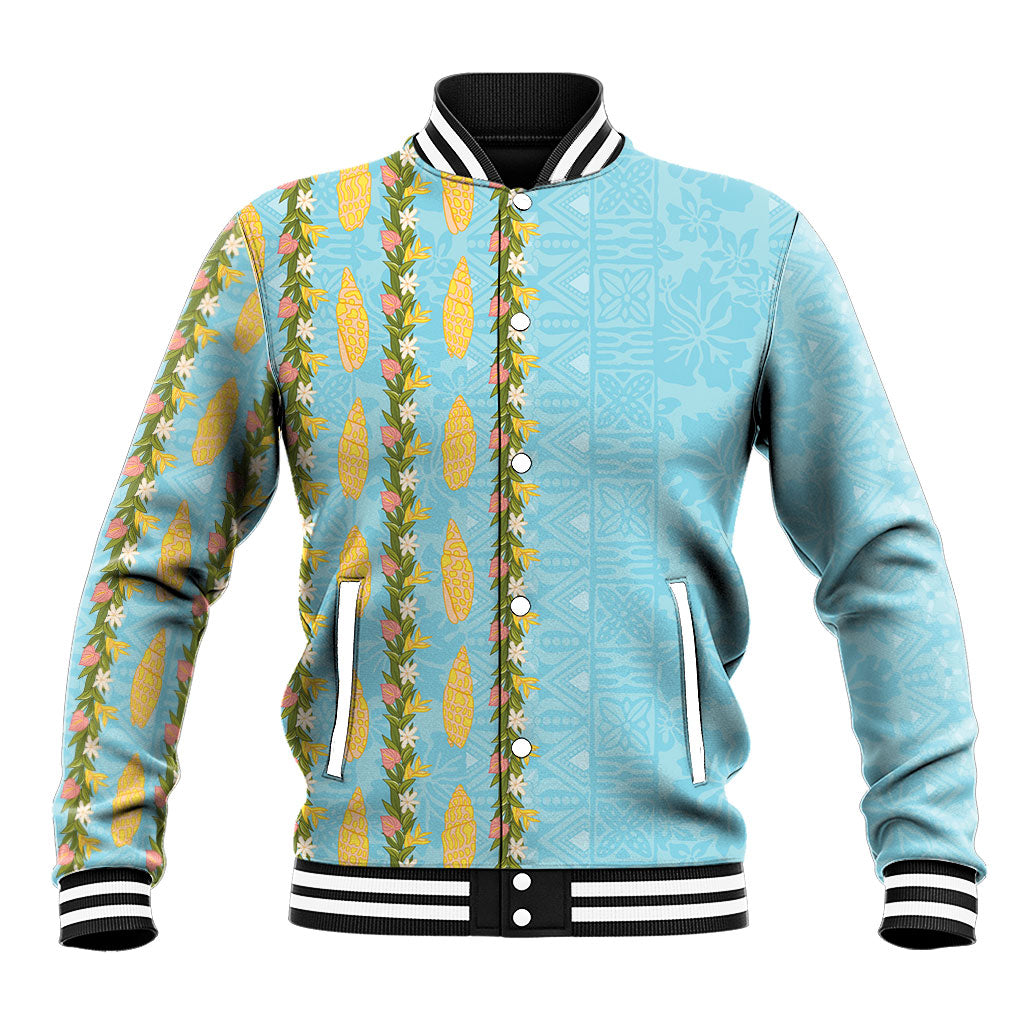 Hawaii Shell Tiare Anthurium Heliconia Lei Baseball Jacket With Tapa Pattern Baby Blue LT05 Unisex Blue - Polynesian Pride