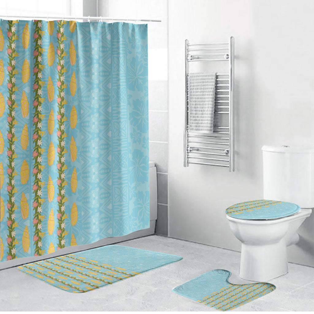 Hawaii Shell Tiare Anthurium Heliconia Lei Bathroom Set With Tapa Pattern Baby Blue LT05 Bathroom Set (4 pcs) Blue - Polynesian Pride
