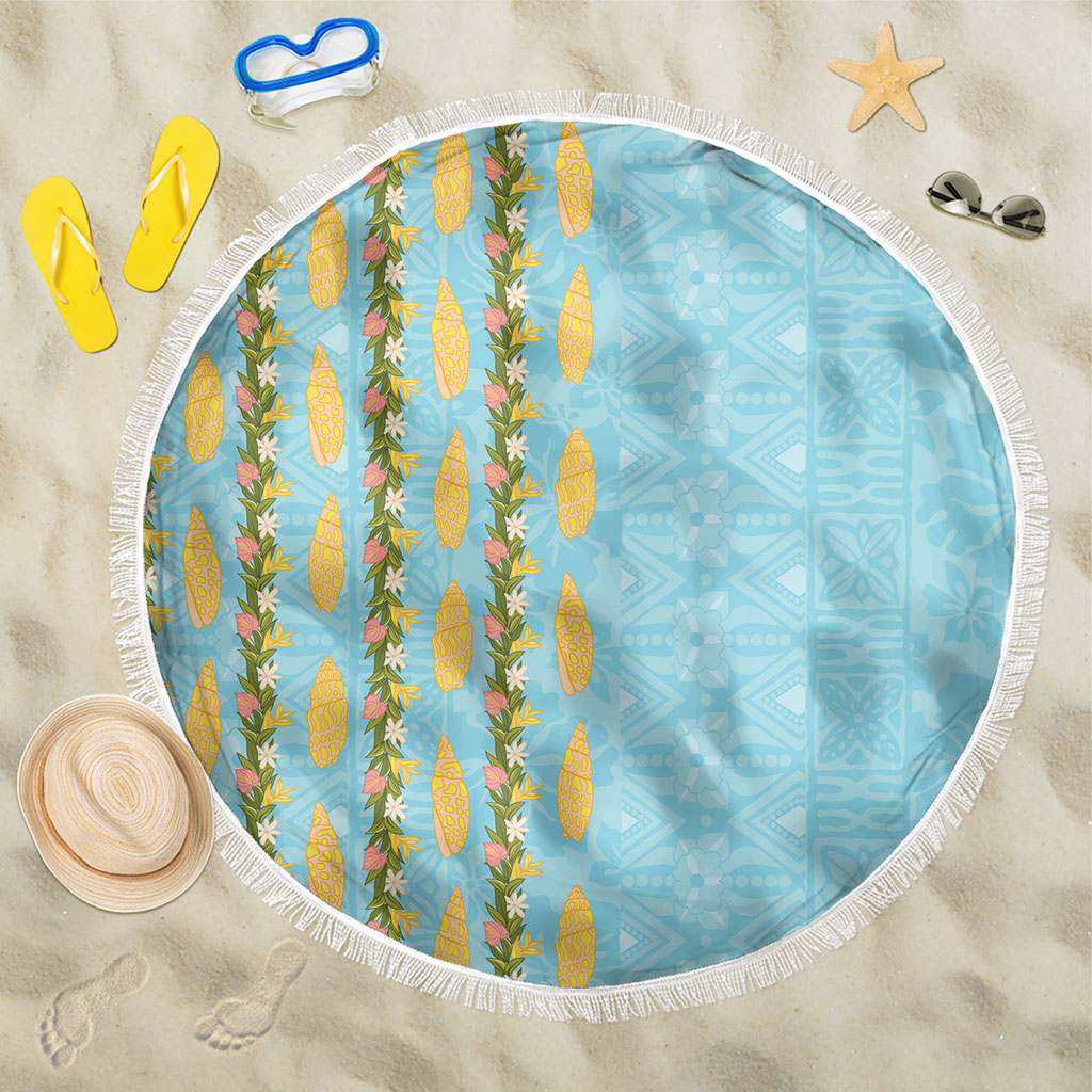Hawaii Shell Tiare Anthurium Heliconia Lei Beach Blanket With Tapa Pattern Baby Blue LT05 One Size 150cm Blue - Polynesian Pride