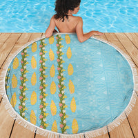 Hawaii Shell Tiare Anthurium Heliconia Lei Beach Blanket With Tapa Pattern Baby Blue