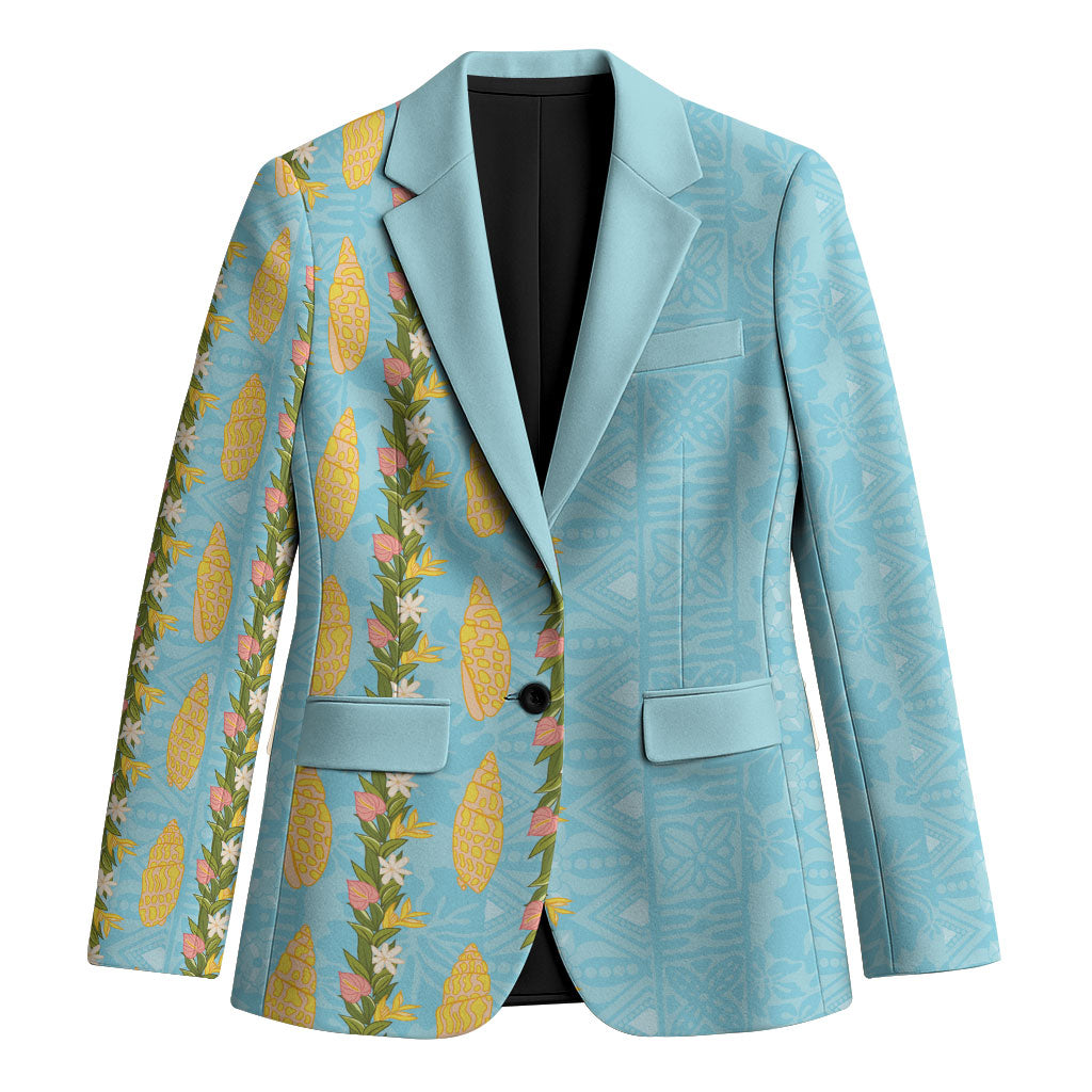 Hawaii Shell Tiare Anthurium Heliconia Lei Blazer With Tapa Pattern Baby Blue