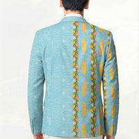 Hawaii Shell Tiare Anthurium Heliconia Lei Blazer With Tapa Pattern Baby Blue