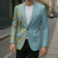 Hawaii Shell Tiare Anthurium Heliconia Lei Blazer With Tapa Pattern Baby Blue