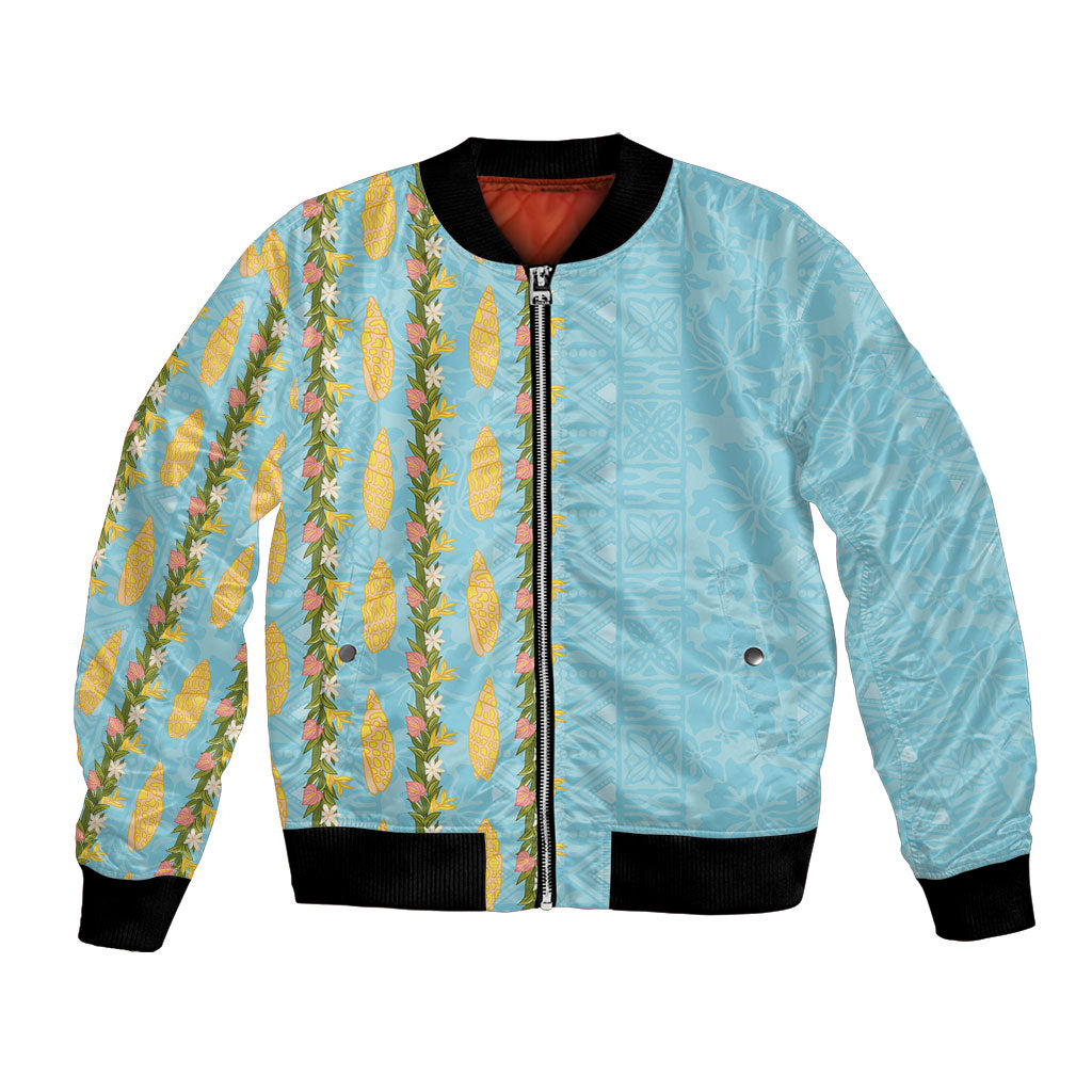 Hawaii Shell Tiare Anthurium Heliconia Lei Bomber Jacket With Tapa Pattern Baby Blue