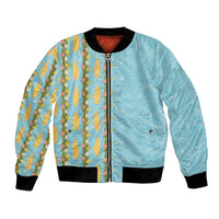 Hawaii Shell Tiare Anthurium Heliconia Lei Bomber Jacket With Tapa Pattern Baby Blue