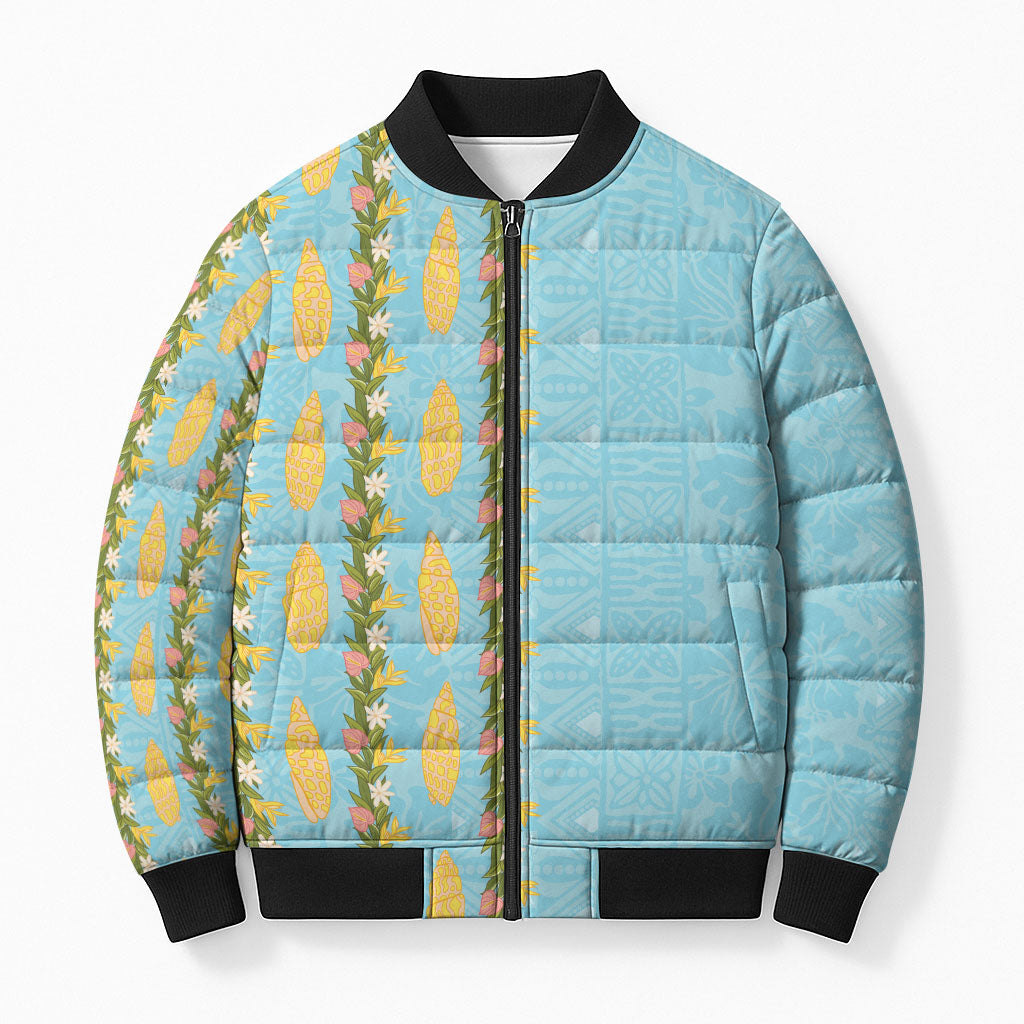 Hawaii Shell Tiare Anthurium Heliconia Lei Bomber Puffer Jacket With Tapa Pattern Baby Blue LT05 Unisex Blue - Polynesian Pride