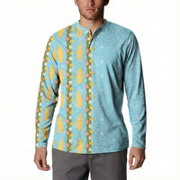 Hawaii Shell Tiare Anthurium Heliconia Lei Button Sweatshirt With Tapa Pattern Baby Blue
