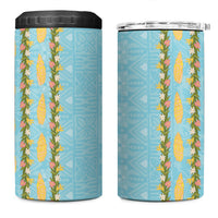 Hawaii Shell Tiare Anthurium Heliconia Lei 4 in 1 Can Cooler Tumbler With Tapa Pattern Baby Blue
