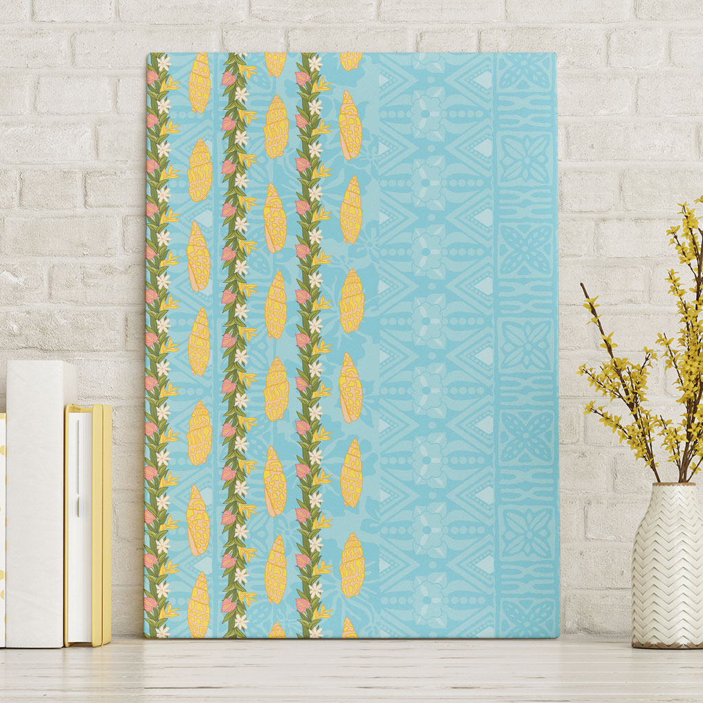 Hawaii Shell Tiare Anthurium Heliconia Lei Canvas Wall Art With Tapa Pattern Baby Blue