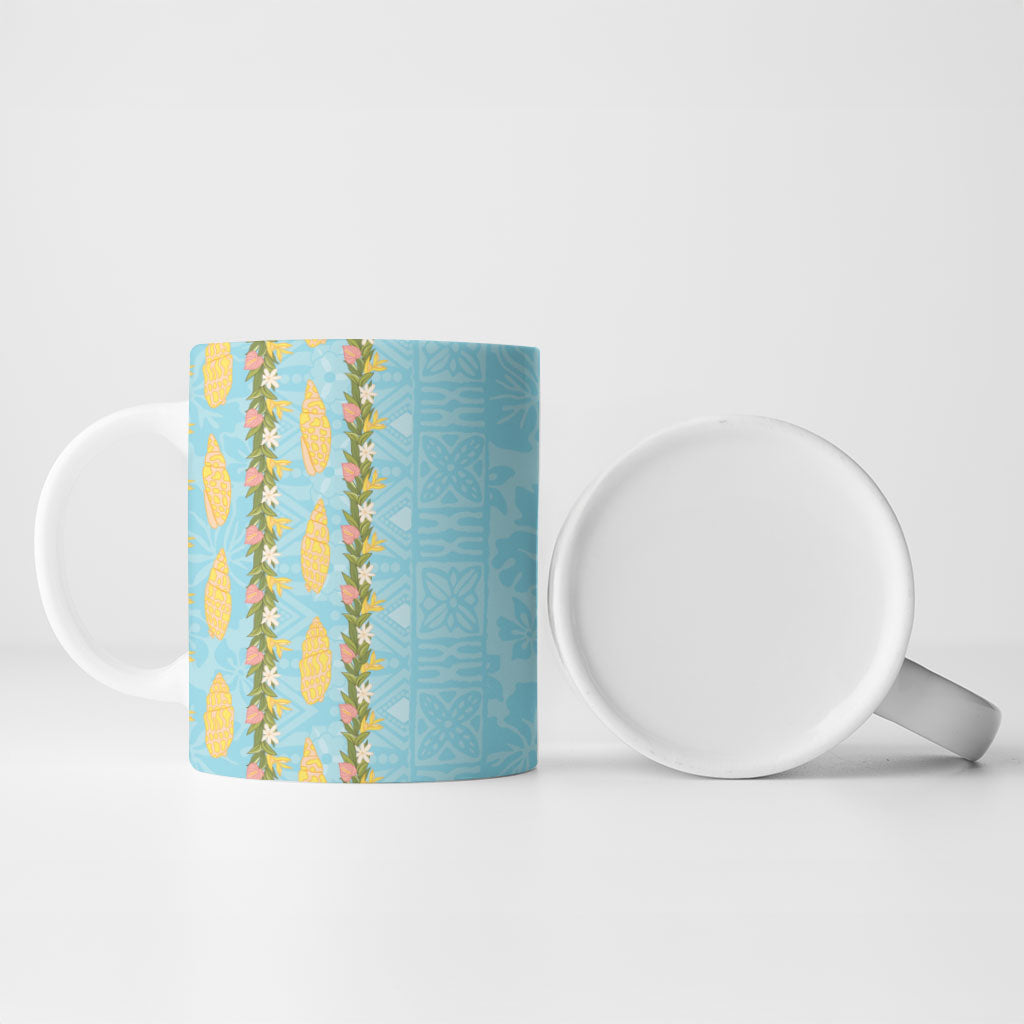 Hawaii Shell Tiare Anthurium Heliconia Lei Ceramic Mug With Tapa Pattern Baby Blue