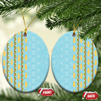 Hawaii Shell Tiare Anthurium Heliconia Lei Ceramic Ornament With Tapa Pattern Baby Blue LT05 Oval Blue - Polynesian Pride
