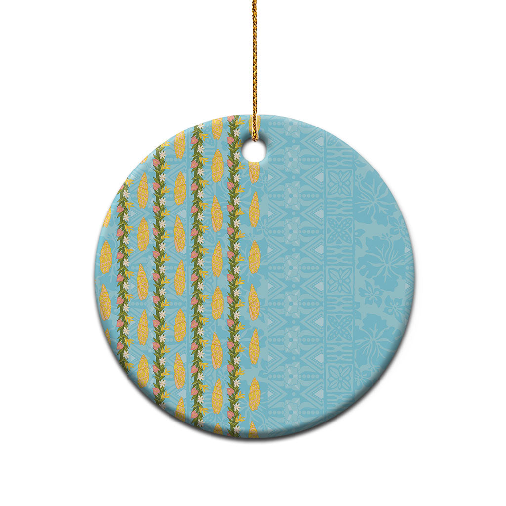Hawaii Shell Tiare Anthurium Heliconia Lei Ceramic Ornament With Tapa Pattern Baby Blue LT05 - Polynesian Pride
