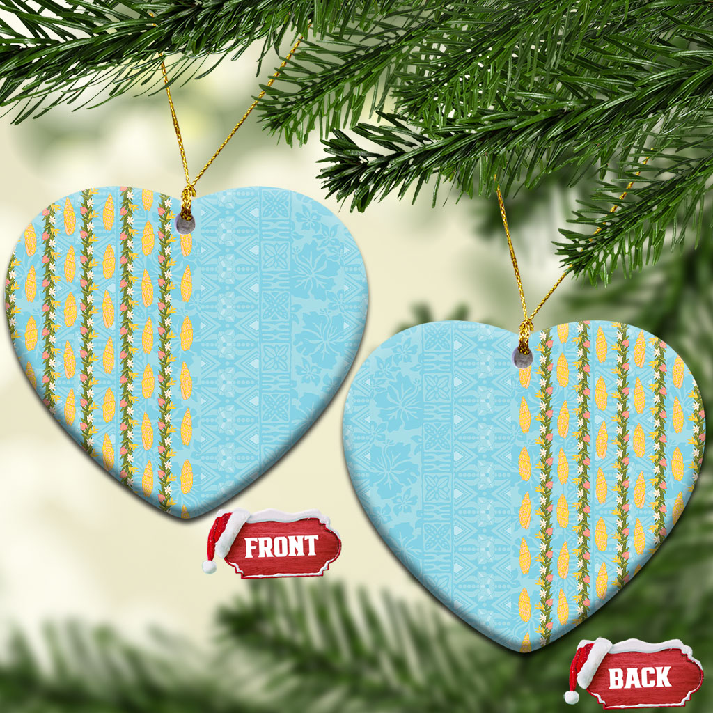 Hawaii Shell Tiare Anthurium Heliconia Lei Ceramic Ornament With Tapa Pattern Baby Blue LT05 Heart Blue - Polynesian Pride