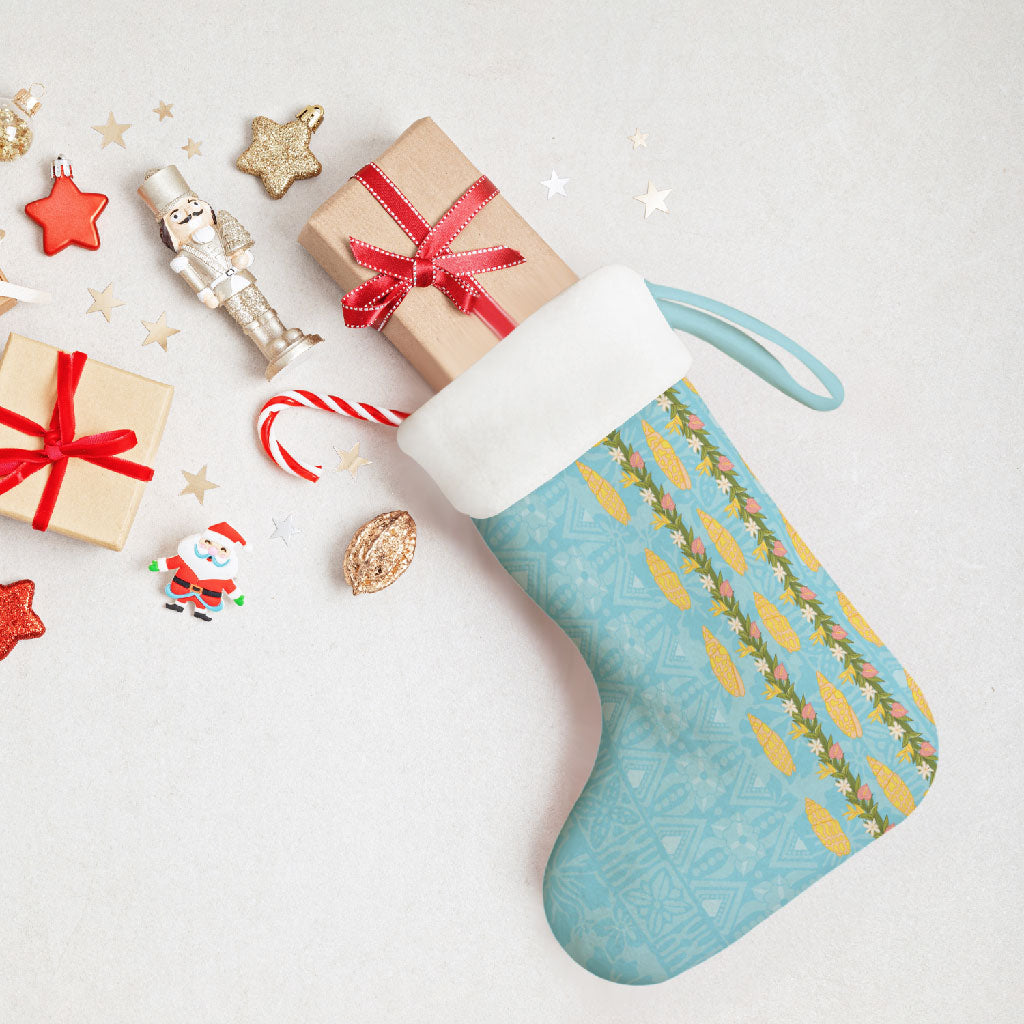Hawaii Shell Tiare Anthurium Heliconia Lei Christmas Stocking With Tapa Pattern Baby Blue